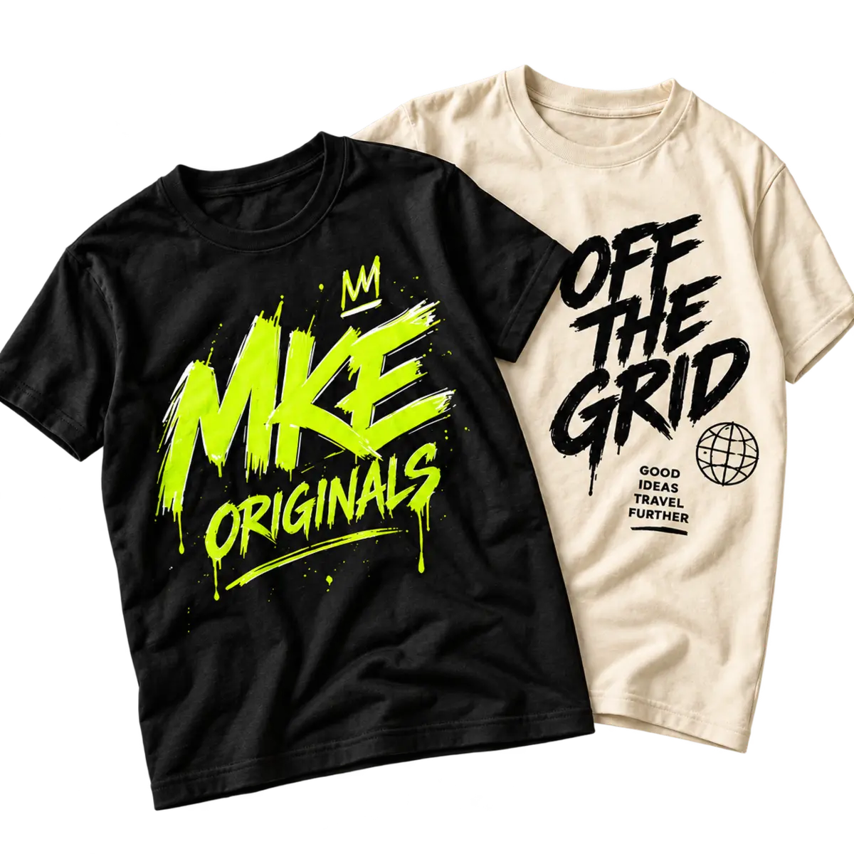 Overlapping black MKE Originals and cream Off the Grid graphic tees